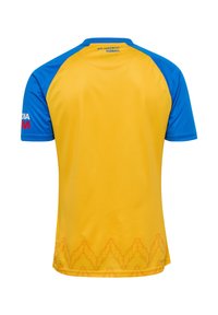 Κίτρινη αθλητική φανέλα με μπλε μανίκια, κόκκινο και λευκό κείμενο στα μανίκια, μικρό μπλε κείμενο κοντά στον γιακά και διακριτό πορτοκαλί σχέδιο κατά μήκος του κάτω μέρους.