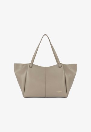 Sac fourre-tout en cuir taupe avec doubles poignées, côtés structurés, et petit logo doré "Lancaster Paris" en bas à droite à l'avant.
