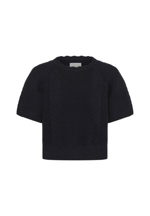 Black short-sleeve knit sweater with cable knit patterns down the front and ribbed crew neckline, cuffs, and hem.