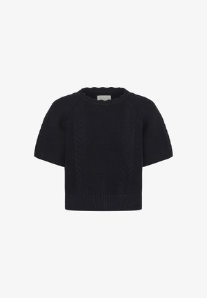 Pull noir à manches courtes en maille avec des motifs torsadés sur le devant, col rond, poignets et ourlet en côtes.