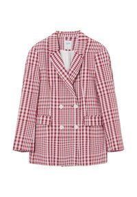 Blazer a quadretti rosso e bianco con davanti doppiopetto, rever ad angolo, due tasche frontali e tessuto testurizzato.
