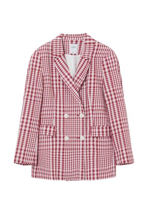 Red and white gingham check blazer with double-breasted front, notched lapels, two front pockets, and textured fabric.