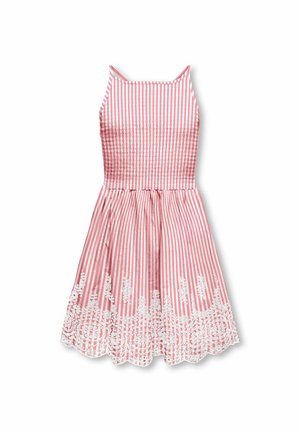 Vestido sin mangas con rayas verticales en rosa y blanco, corsé ajustado, falda acampanada y ribete de encaje floral blanco en el dobladillo.