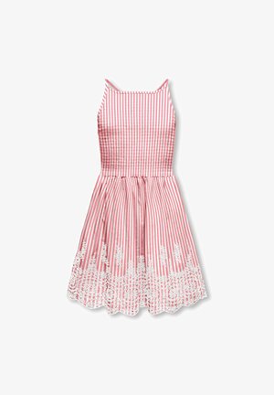 Vestido sin mangas con rayas verticales en rosa y blanco, corsé ajustado, falda acampanada y ribete de encaje floral blanco en el dobladillo.