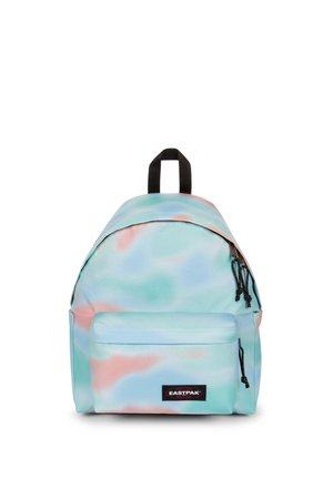 Zaino con tasca anteriore, tiretti delle cerniere neri, manico superiore nero e motivo tie-dye pastello nei colori blu, verde e rosa.