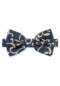 Granatowy muszka wykonana z jedwabiu, z białym i złotym spiralnym wzorem. Teksturowany materiał o klasycznym kształcie i regulowanym pasku.