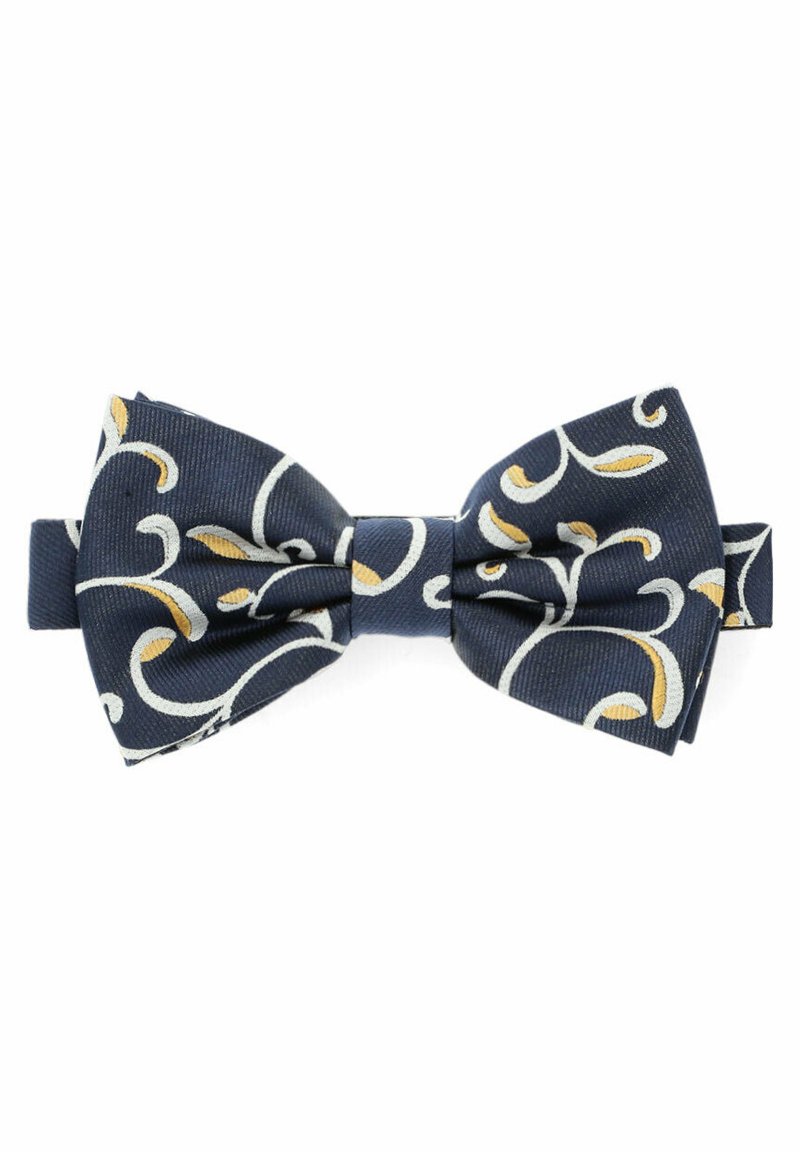 Granatowy muszka wykonana z jedwabiu, z białym i złotym spiralnym wzorem. Teksturowany materiał o klasycznym kształcie i regulowanym pasku.