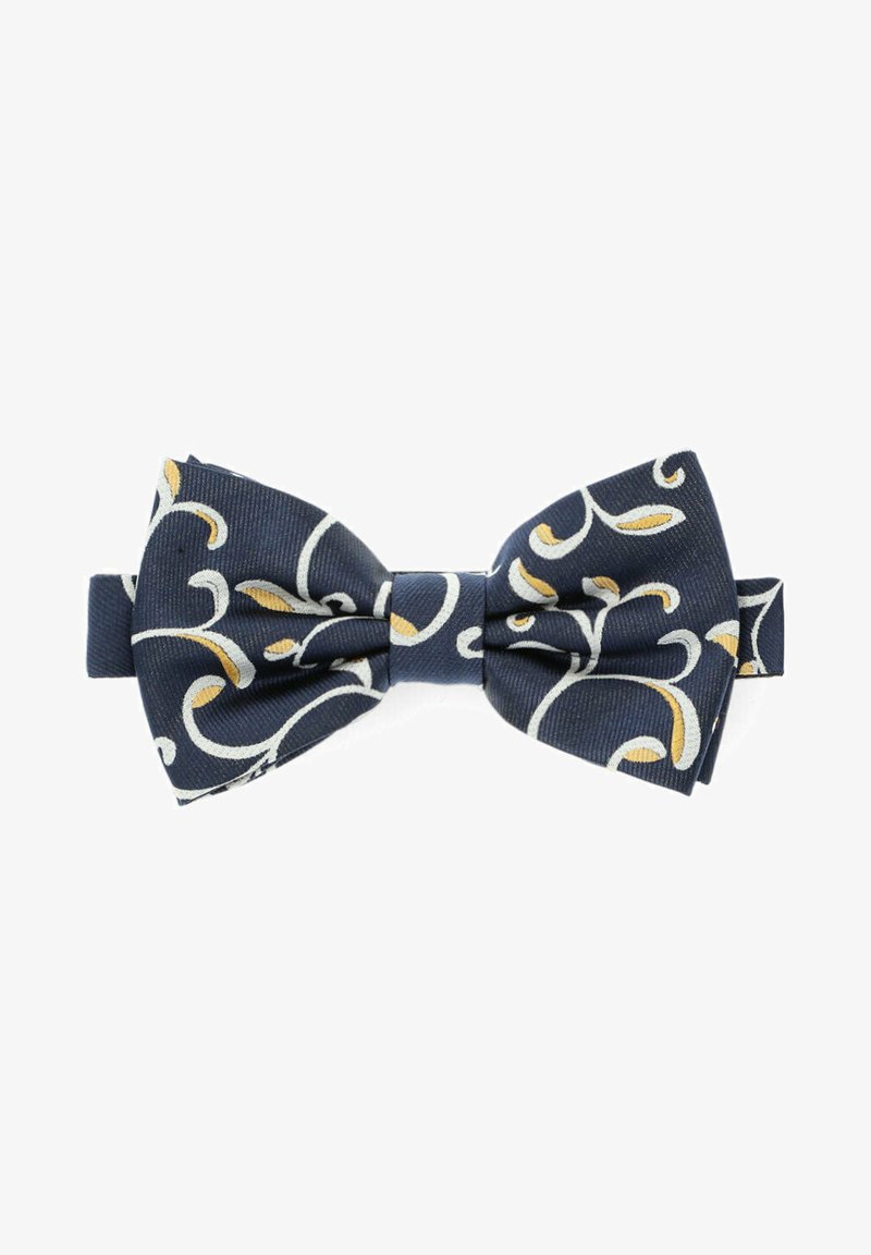 Granatowy muszka wykonana z jedwabiu, z białym i złotym spiralnym wzorem. Teksturowany materiał o klasycznym kształcie i regulowanym pasku.