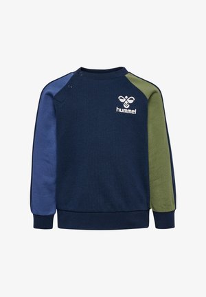 Marineblauwe sweatshirt met meerkleurige mouwen in blauw en groen. Beschikt over een ronde halslijn en zijsnap-sluiting. Hummel-logo op de borst.