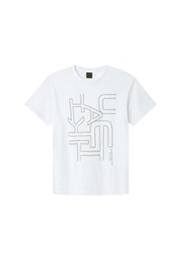 Witte katoen t-shirt met een grijs grafisch ontwerp met tekst en abstracte vormen. Korte mouwen en een ronde hals.