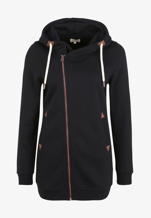 Felpa nera con zip, dotata di un ampio cappuccio, lacci color crema, dettagli in pelle marrone e tasche laterali. Tessuto morbido e polsini aderenti.