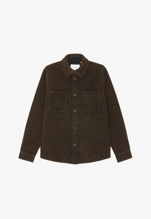 Brown wool shirt jacket with a collar, long sleeves, two front pockets, and button closure. Textured fabric with a soft appearance.