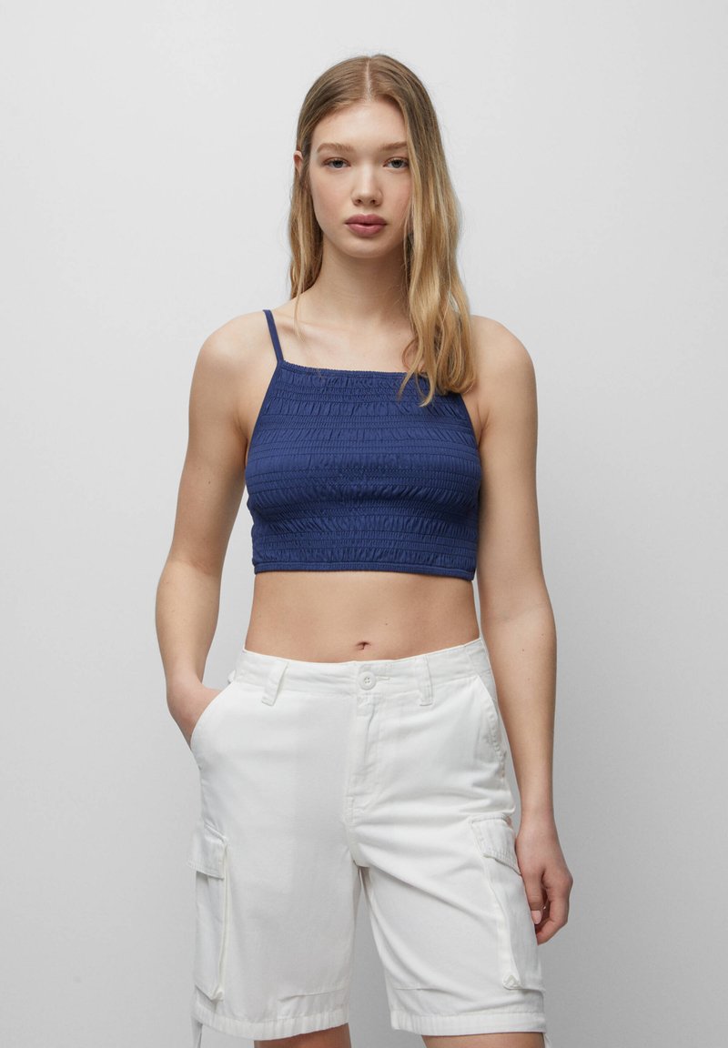 PULL&BEAR SMOCKED CROP Top dark blue Zalando.ie