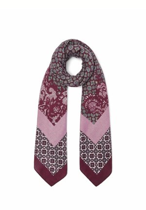 Lange sjaal met bordeaux, lila en patroonsecties met bloemmotieven en geometrische ontwerpen, gerangschikt in chevronvormen.