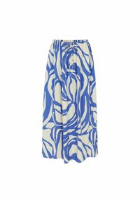 Fustă cu model floral în nuanțe de albastru și alb, confecționată dintr-un material ușor. Dispune de un tiv elastic cu șnur pentru o ajustare confortabilă.