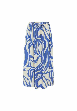 Sukňa s kvetinovým vzorom v modro-bielom prevedení, vyrobená z ľahkej tkaniny. Má elastický pás s šnúrkou na nastavenie veľkosti.