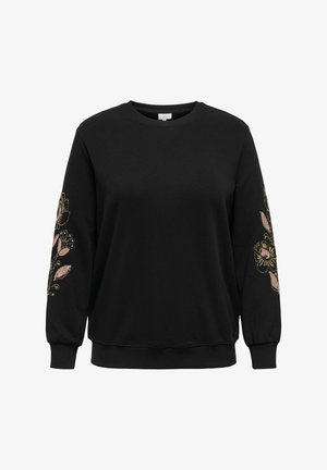 Zwarte sweatshirt met lange mouwen, voorzien van bloemendessin in roze en goud op beide mouwen. Gemaakt van zachte, gestructureerde stof.