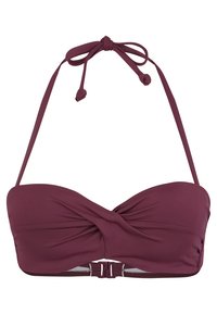 Bordeaux bandeau bikinitop met een gedraaide voorkant, halternekbinders en een haaksluiting aan de achterkant. Gladde textuur en rekbaar materiaal.