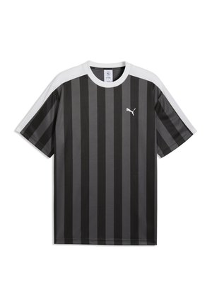 Czarna i ciemnoszara sportowa koszulka z krótkim rękawem z pionowymi paskami, białe ramiona, kołnierzyk oraz logo Puma na piersi.