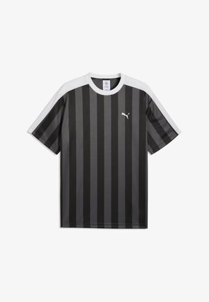 Czarna i ciemnoszara sportowa koszulka z krótkim rękawem z pionowymi paskami, białe ramiona, kołnierzyk oraz logo Puma na piersi.