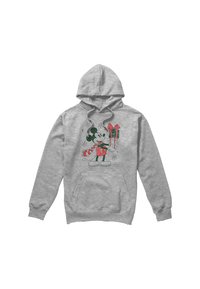 Gray hooded sweatshirt with a front pocket featuring a cartoon character holding a gift, accented with a red bow and scarf.