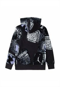 Felpa con cappuccio in pile nero con un motivo grafico di accenti argento e grigio che presenta loghi Jordan e texture simili a diamanti.