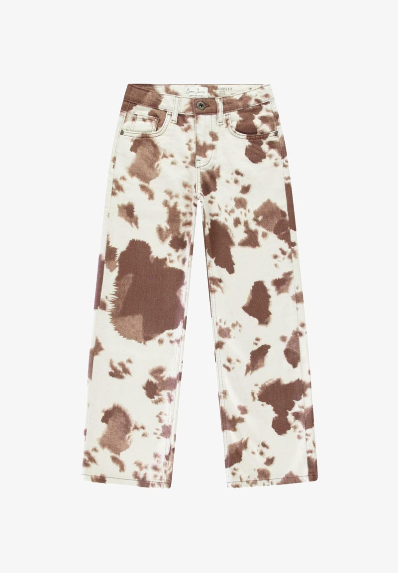 Losse spijkerbroek van wit denim met een bruine tie-dye print. Bevat vijf zakken, riemlussen en een rits- en knoopsluiting. Zachte textuur.