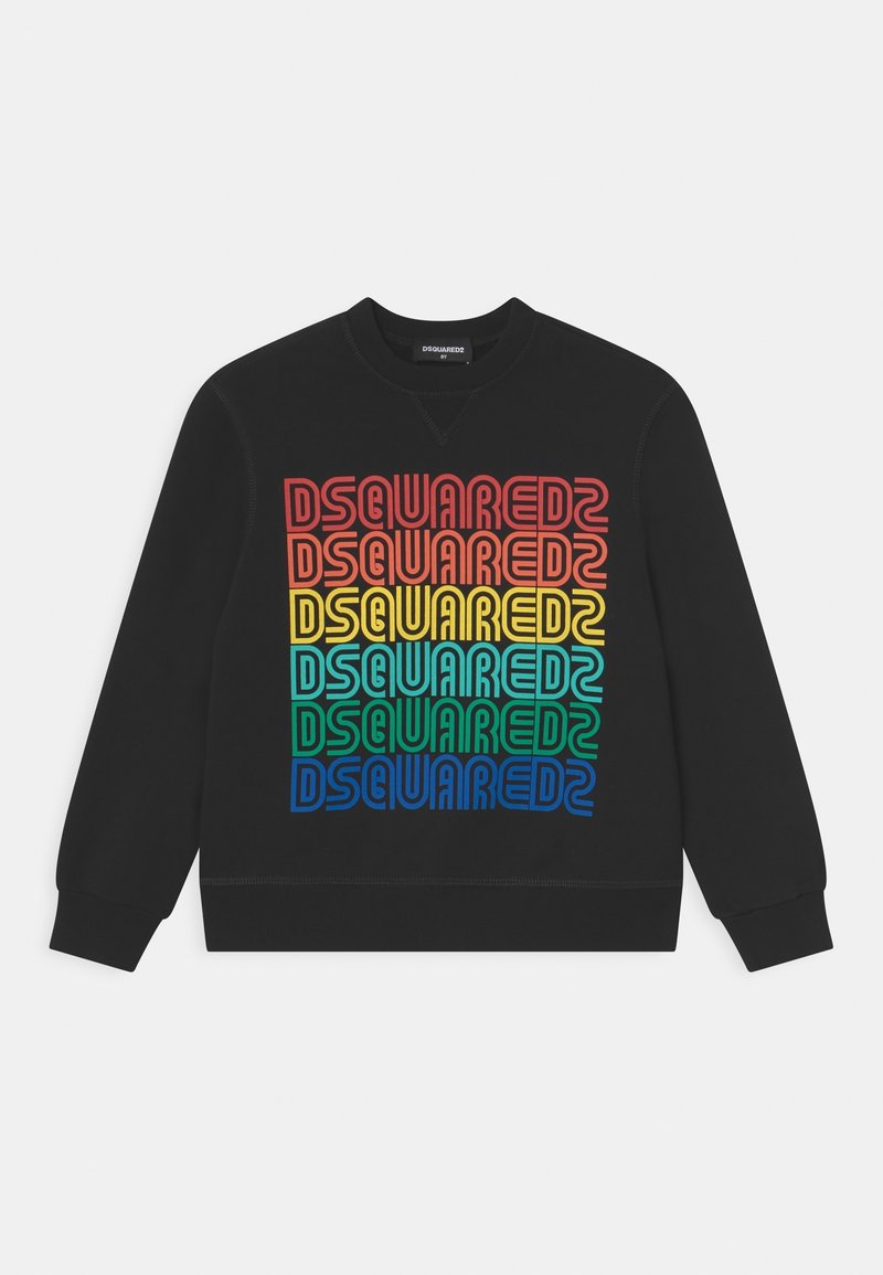 Sweat-shirt noir à manches longues avec "DSQUARED2" imprimé six fois en rangées superposées, chaque rangée dans des couleurs différentes : rouge, orange, jaune, vert, sarcelle et bleu.