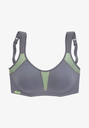 Grauer Sport-BH mit grünen Netz-Einsätzen, vorgeformten Cups, verstellbaren Trägern und kontrastierenden Nähdetails; mit Logo an der Seite.