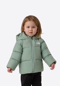 Light green puffer jacket with a hood, featuring a front zipper and ribbed cuffs, paired with black pants. The North Face logo displayed.