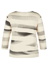 Cremfarbener Top mit einem schwarz-grauen abstrakten Streifenmuster, 3/4-Ärmeln und einem Rundhalsausschnitt. Weiche, glatte Textur.