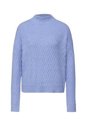 Jersey azul claro con cuello alto, con un patrón en zigzag texturizado y puños y dobladillo acanalados. Hecho de un material de punto suave.