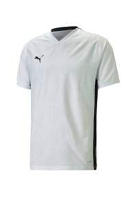 Witte korte mouwen shirt met zwarte accenten, V-hals ontwerp, subtiele geometrische patronen en Puma-logo op de borst. Gemaakt van lichtgewicht materiaal.