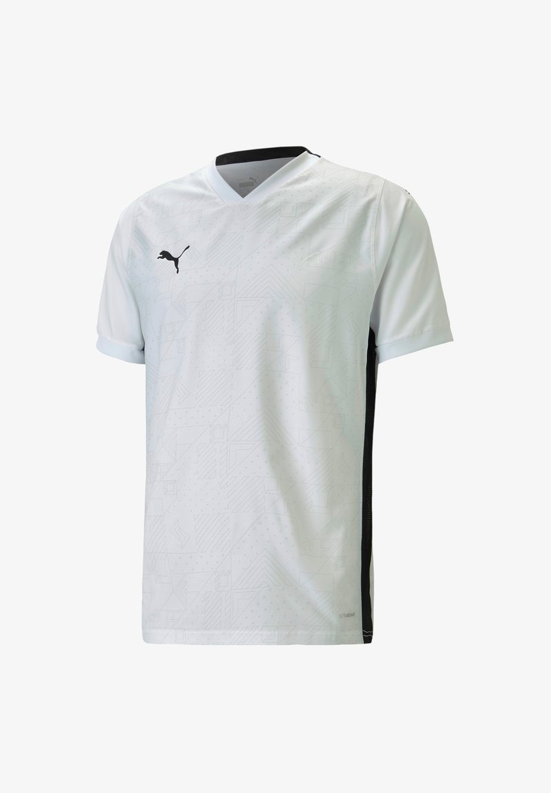 Camicia a maniche corte bianca con accenti neri, design a scollo a V, sottili motivi geometrici e logo Puma sul petto. Realizzata in materiali leggeri.