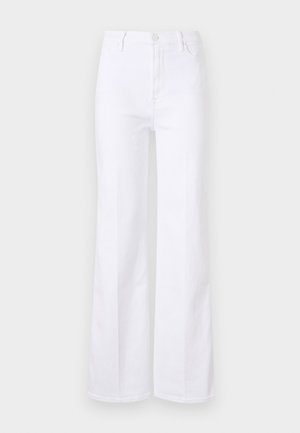 Valged laiad teksapüksid, mis on valmistatud denimist, kõrge vöökohaga, esi-taskutega ja nööbiga kinnitusega. Sile tekstuur ja puhtad jooned.