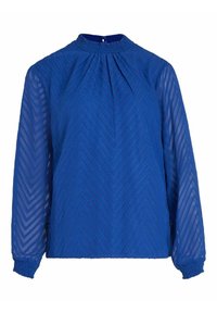 Blue long-sleeve blouse in sheer fabric, featuring a high neckline, pleats at the front, and a textured chevron pattern throughout.