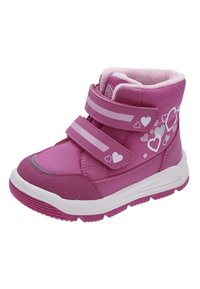 Zapatillas altas rosas con tiras de Velcro, que presentan patrones de corazones y una parte superior de tela texturizada, suela de goma blanca y cuello acolchado.
