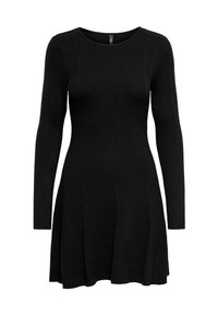 Schwarzes, geripptes Strickkleid mit langen Ärmeln, rundem Halsausschnitt und ausgestellten Saum. Die Textur ist weich und weist durchgehend vertikale Rippungen auf.