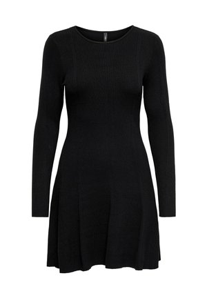 Abito in maglia nera a costine con maniche lunghe, scollatura rotonda e orlo svasato. La texture è morbida e presenta costine verticali su tutta la superficie.