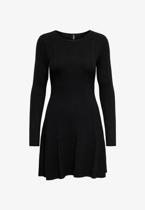 Zwarte geribde gebreide jurk met lange mouwen, een ronde hals en een uitlopende zoom. De textuur is zacht en heeft verticale ribbels door de hele jurk.