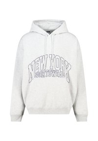 Grijze hoodie met lange mouwen. "NEW YORK SPORTSWEAR" in marineblauwe opdruk op de voorkant. Zachte, gestructureerde stof. Verstelbare trekkoordkap.