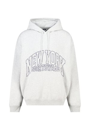 Sweat à capuche gris à manches longues. "NEW YORK SPORTSWEAR" imprimé en bleu marine sur le devant. Tissu doux et texturé. Capuche ajustable avec cordon de serrage.