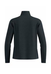 Dunkelgrauer, langärmeliger Pullover mit hohem Kragen, von hinten gezeigt, mit einem einfachen, nahtdetails Design.