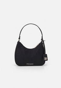 Sort nylonhåndtaske med en buet form, en enkelt skulderrem, sølvlynlås og logodetalje foran. Kompakt og enkelt design.