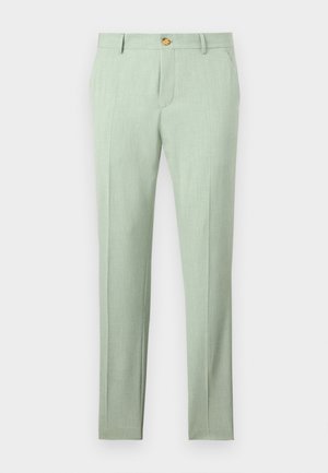 Pantalon vert clair slim avec bouton devant, passants pour ceinture, poches latérales et un pli sur le devant de chaque jambe.