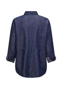 Dark blue denim long-sleeve shirt with rolled cuffs, seam detail across the back, and a rounded hem.