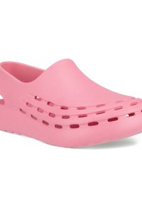 Roze hars klompen met een ronde neus, ventilatiegaten aan de zijkant en een gladde textuur. Ontworpen voor comfort en gebruiksgemak.