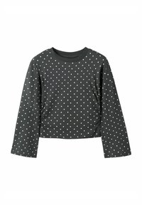 Lange mouwen, cropped top van donkergrijze stof met witte stippen. Heeft een ronde halslijn en een losse pasvorm met eenvoudige stiksel-details.