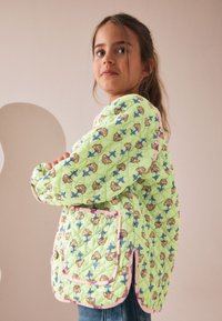 Veste matelassée vert clair, présentant des motifs floraux jaunes et bleus. Une bordure rose et des poches apportent du contraste au design.