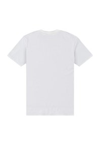 Camiseta blanca de algodón con cuello redondo y mangas cortas. Textura suave con un diseño trasero simple y liso.